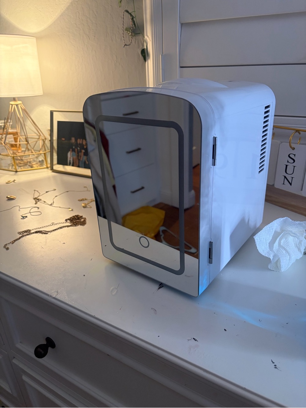 Portable White Mini Fridge with Mirror Door - Compact Personal Cooler